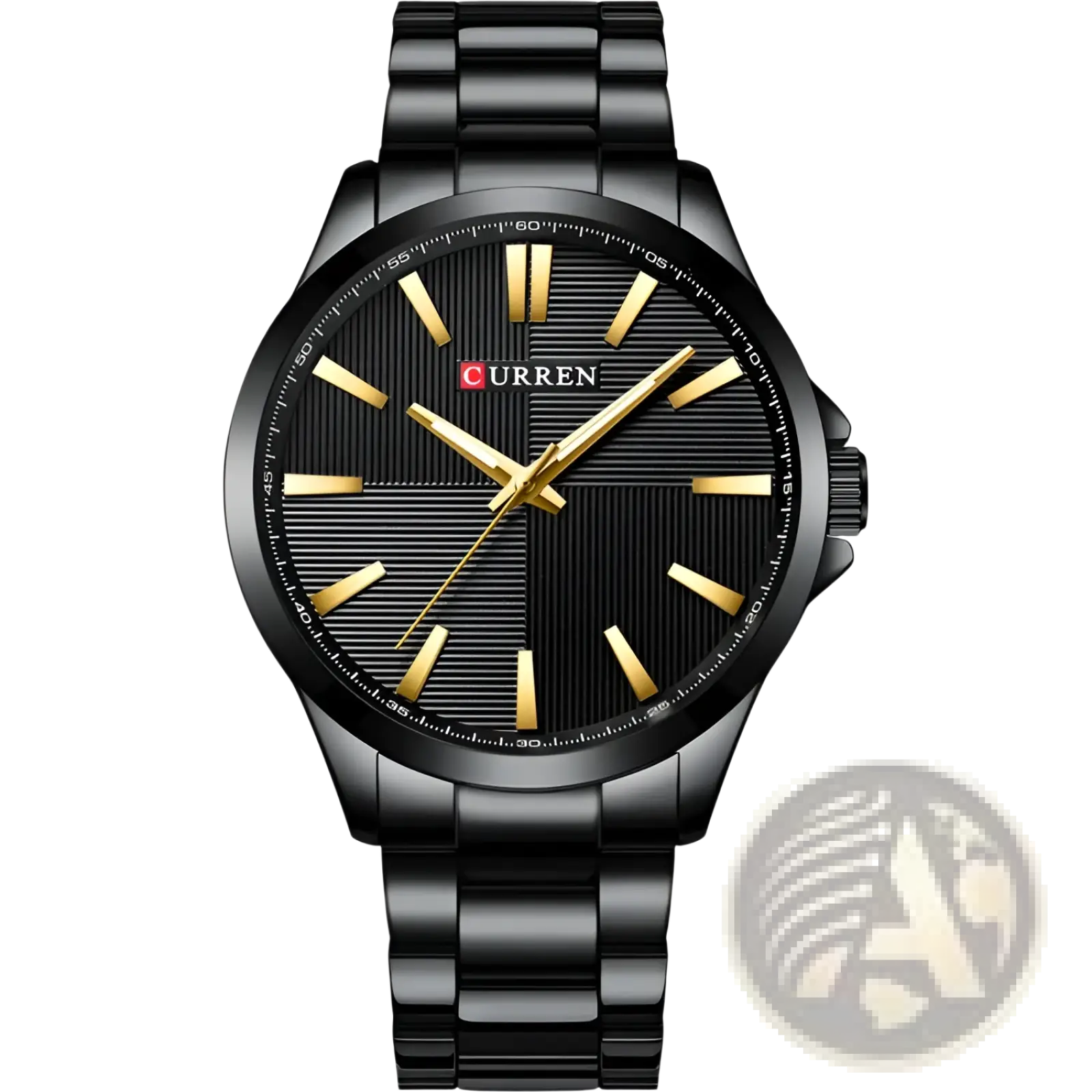 Black Curren men rose gold quartz watch with gold-tone hands and hour markers on a textured black dial