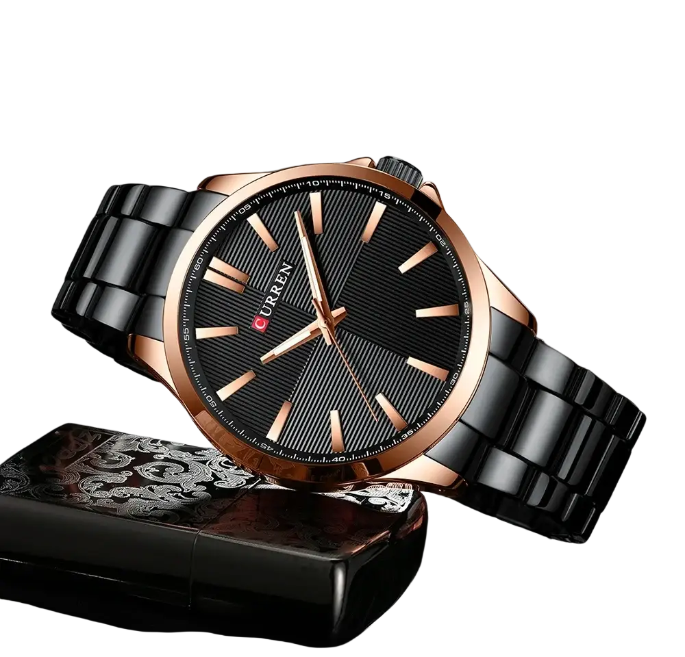 Curren men rose gold quartz watch with black textured dial rose gold-tone hands and black stainless steel bracelet