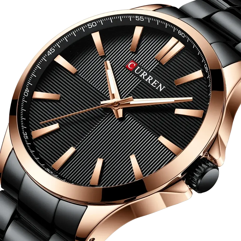 Curren men rose gold quartz watch with black textured dial rose gold-tone hands and sleek black ceramic bracelet