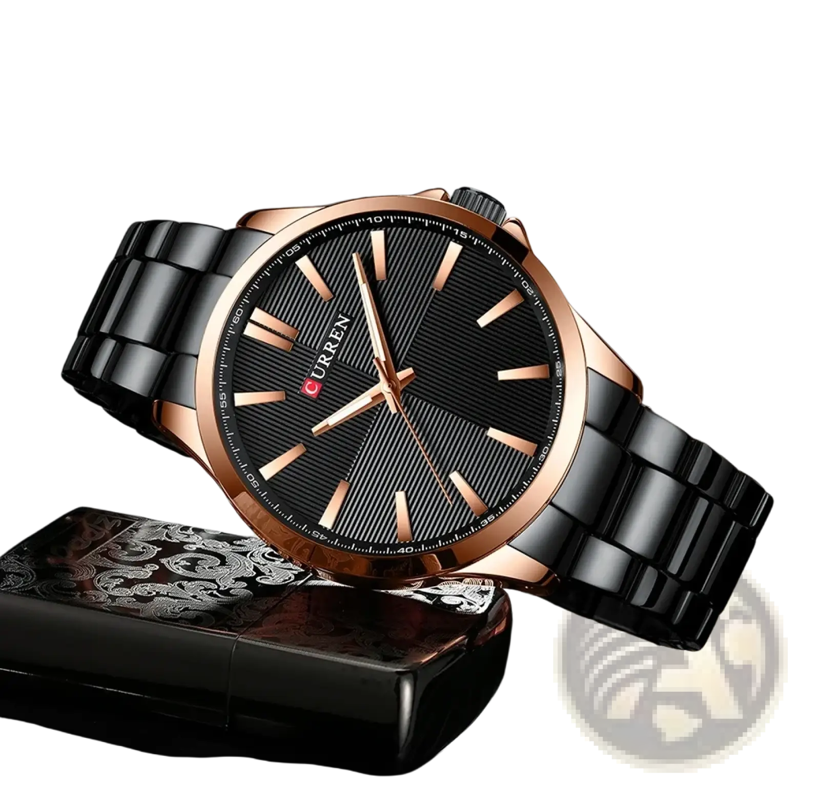 Curren men rose gold quartz watch with black textured dial rose gold-tone hands and black stainless steel bracelet