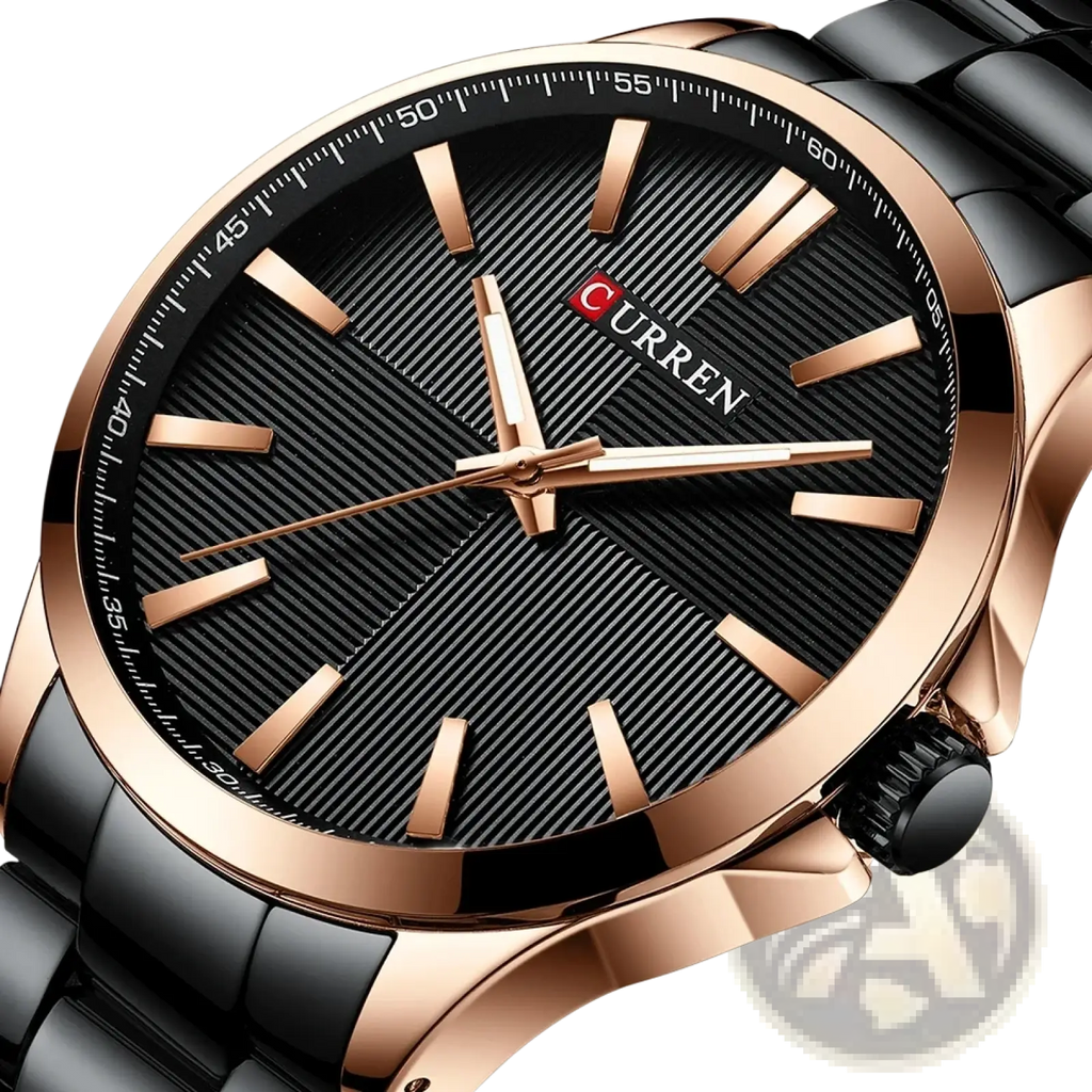Curren men rose gold quartz watch with black textured dial rose gold-tone hands and sleek black ceramic bracelet