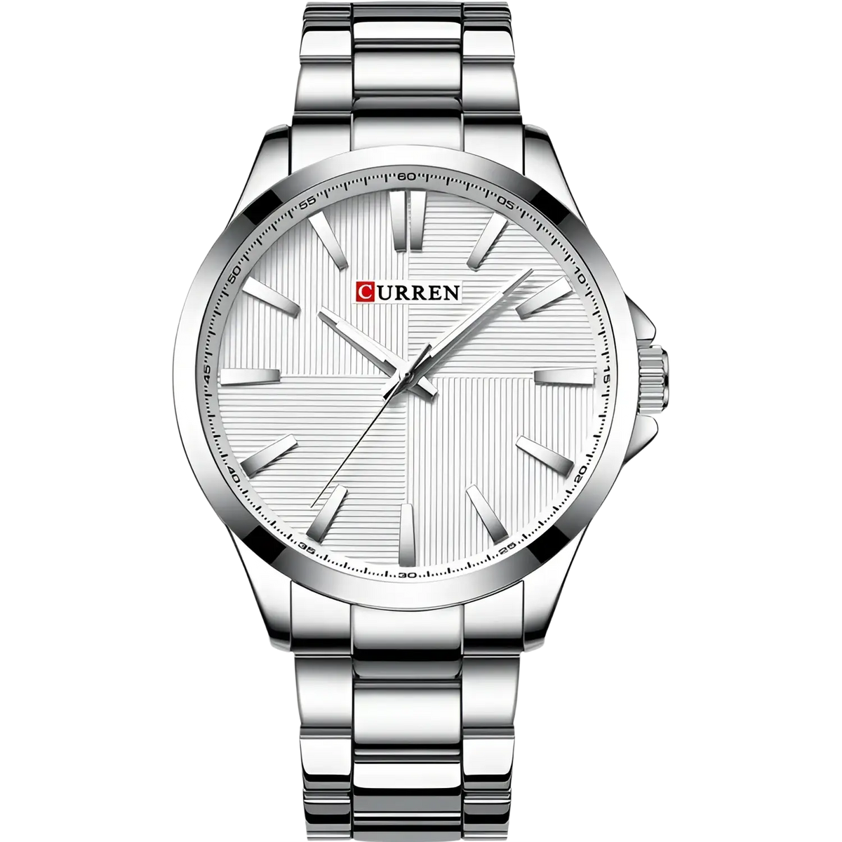 Silver-toned Curren men rose gold quartz watch with a sleek stainless steel bracelet and white dial with subtle horizontal lines