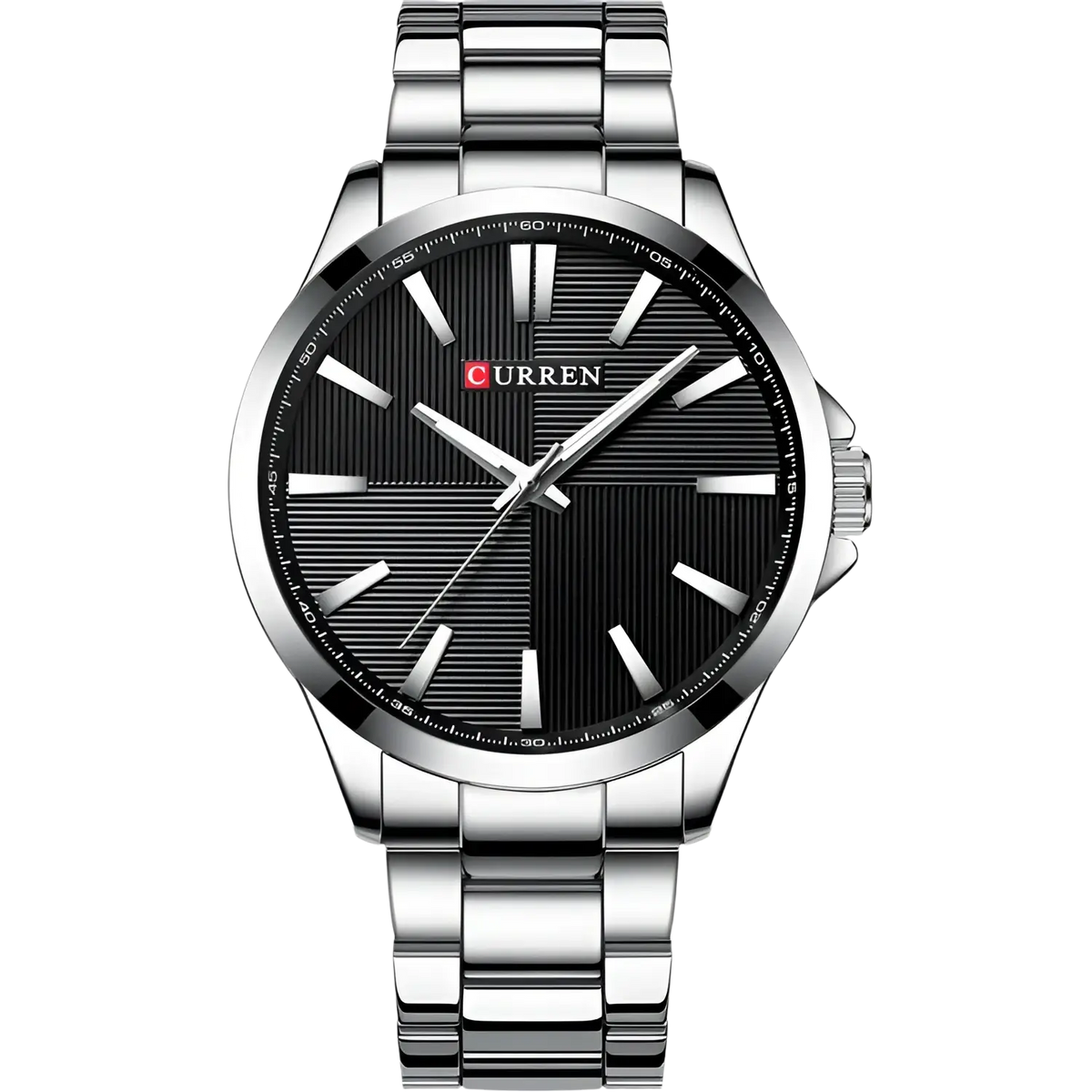Silver-toned curren men rose gold quartz watch with black textured dial and polished stainless steel bracelet
