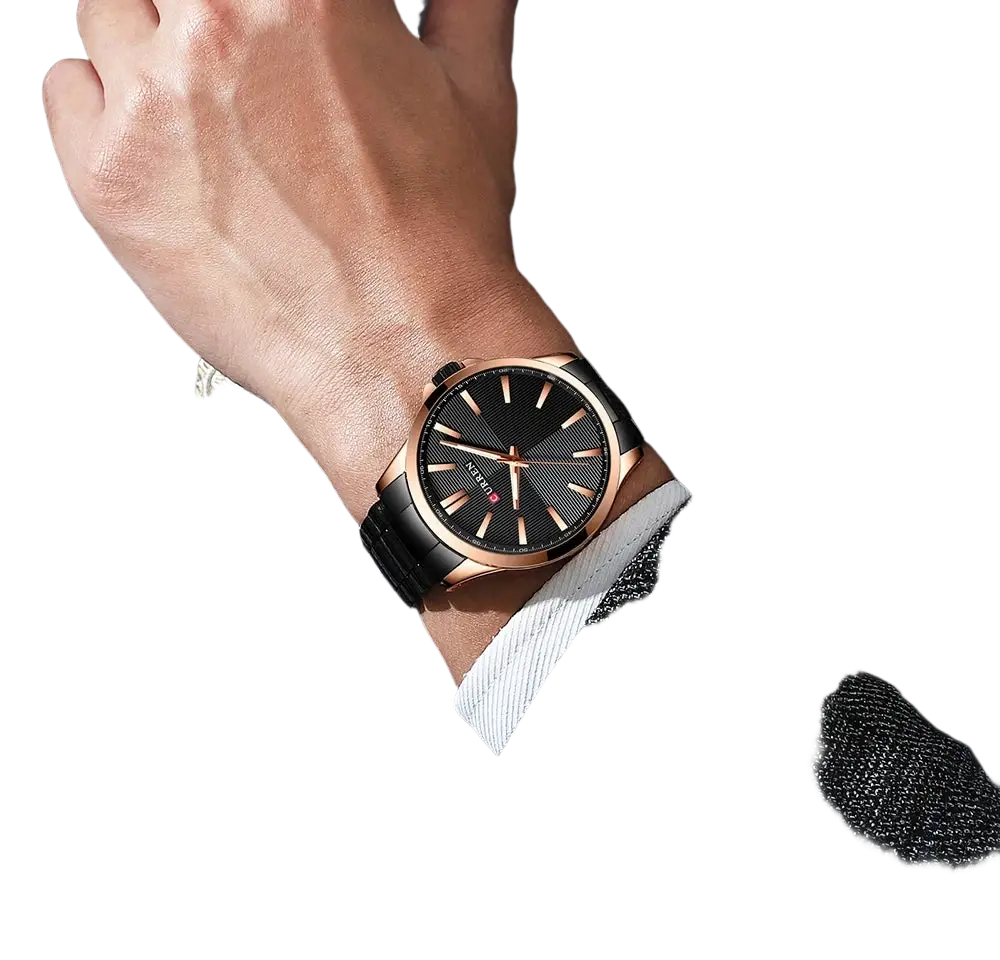 Curren men rose gold quartz watch with a sleek black textured dial minimalist hour markers and polished metal case