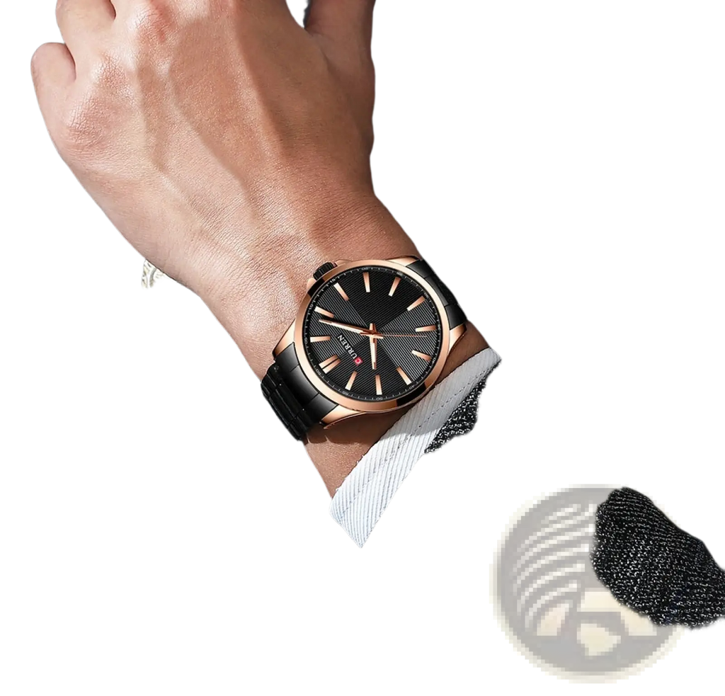 Curren men rose gold quartz watch with a sleek black textured dial minimalist hour markers and polished metal case