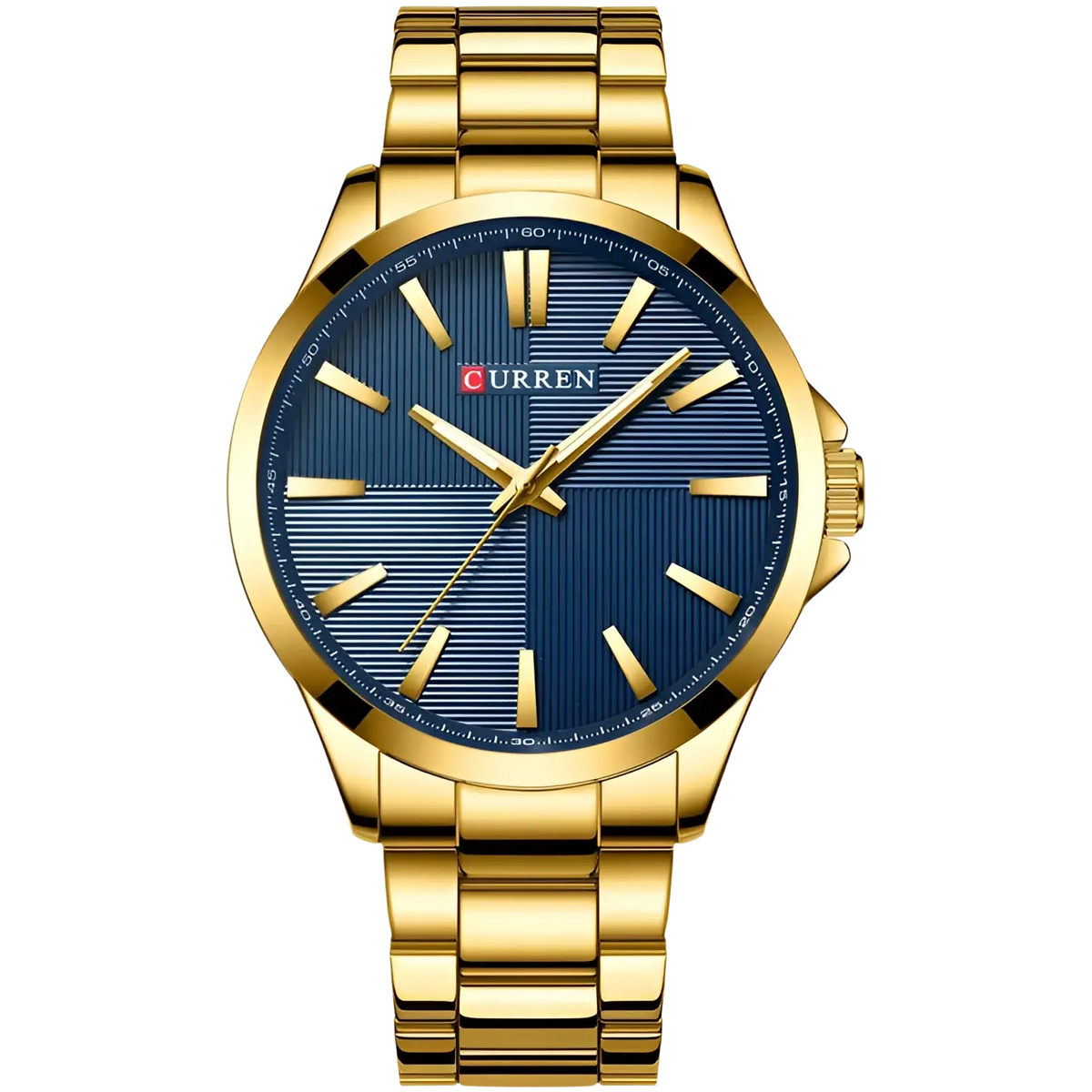 Curren men rose gold quartz watch with a gold-toned case, blue striped dial, and gold-tone hour markers