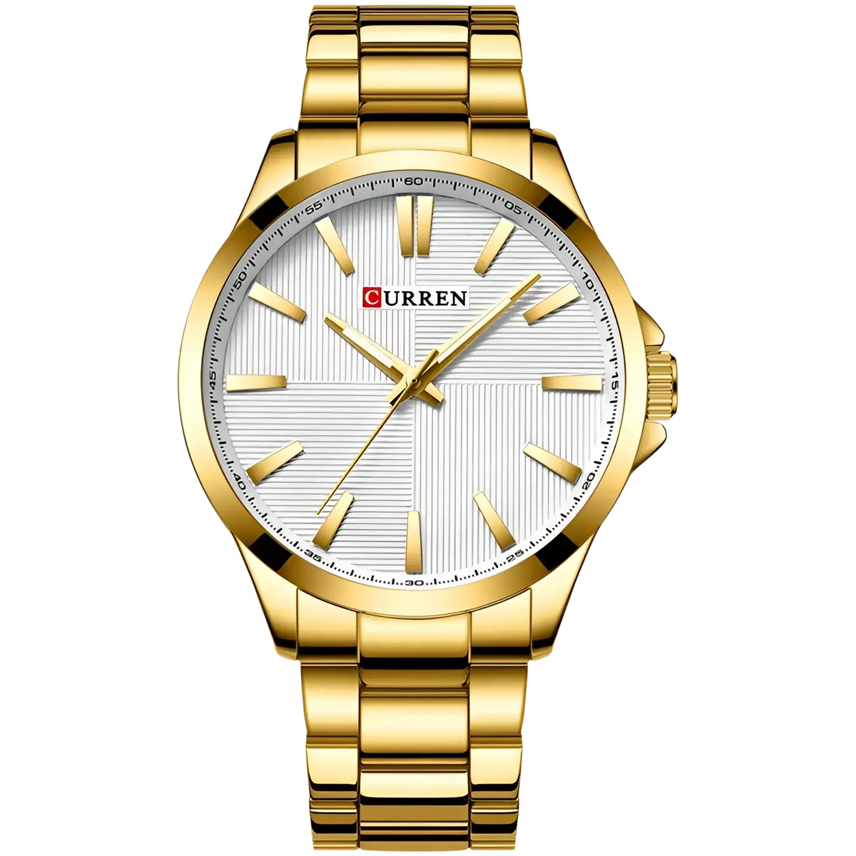 Curren men rose gold quartz watch with gold-toned case white striped dial and gold-tone hour markers