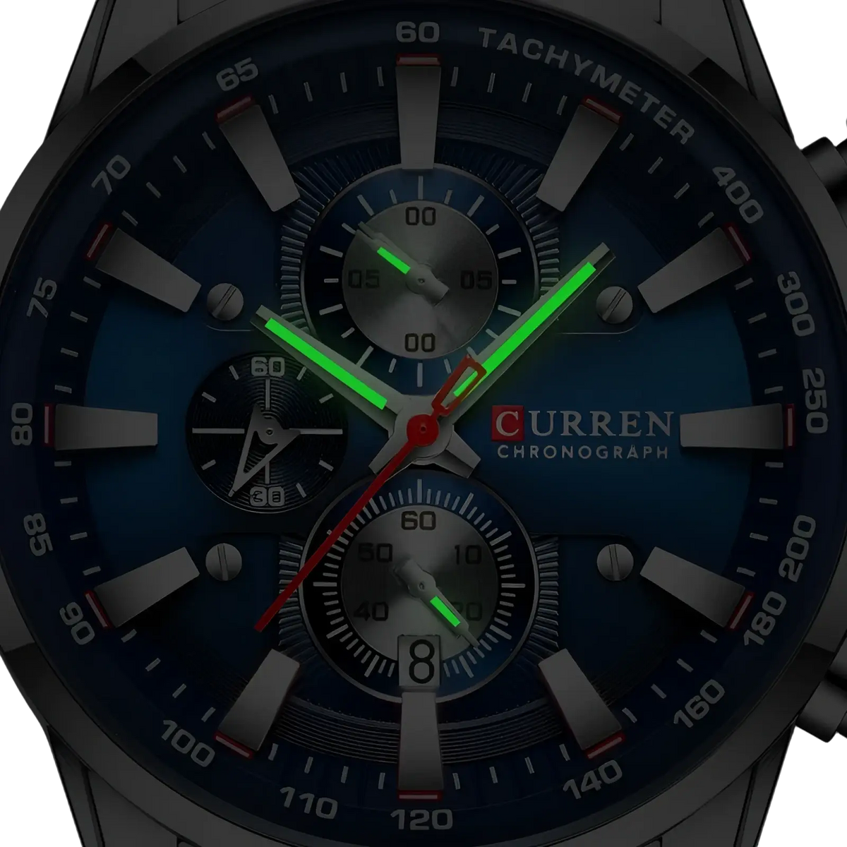 Curren mens chronograph stainless steel watch with blue dial green luminous hands and silver-tone case