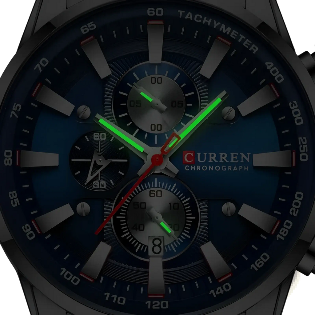 Curren mens chronograph stainless steel watch with blue dial green luminous hands and silver-tone case