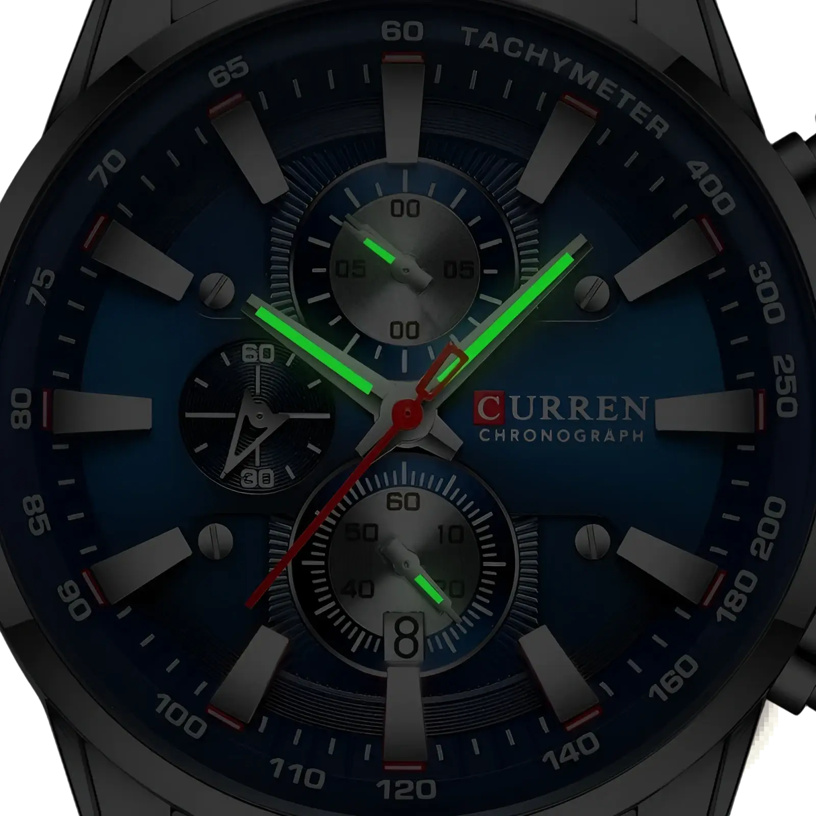 Curren mens chronograph stainless steel watch with blue dial green luminous hands and silver-tone case