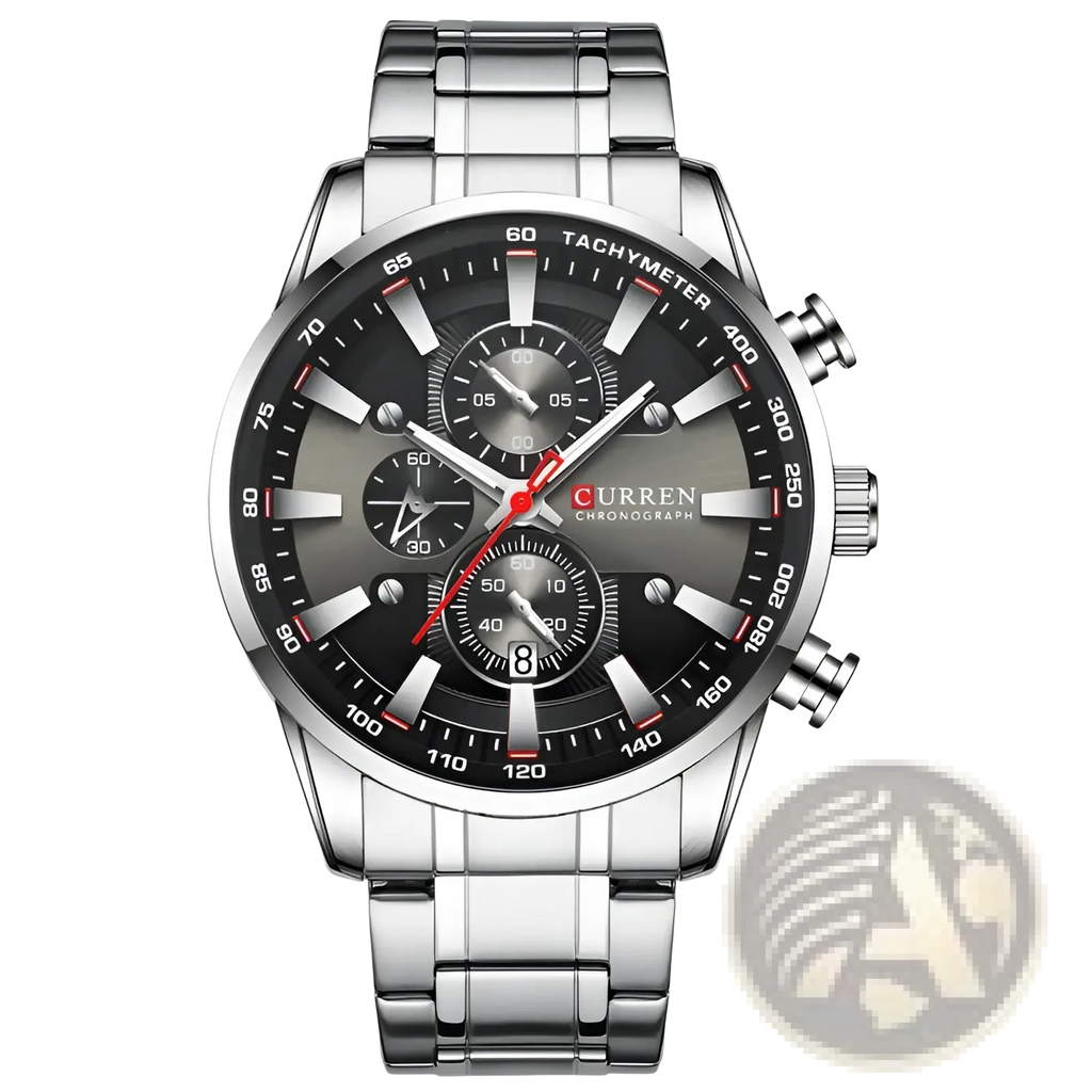 Curren mens chronograph stainless steel watch with silver-tone case, black dial, red accents, and three subdials