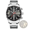Curren mens chronograph stainless steel watch with silver-tone case, black dial, red accents, and three subdials