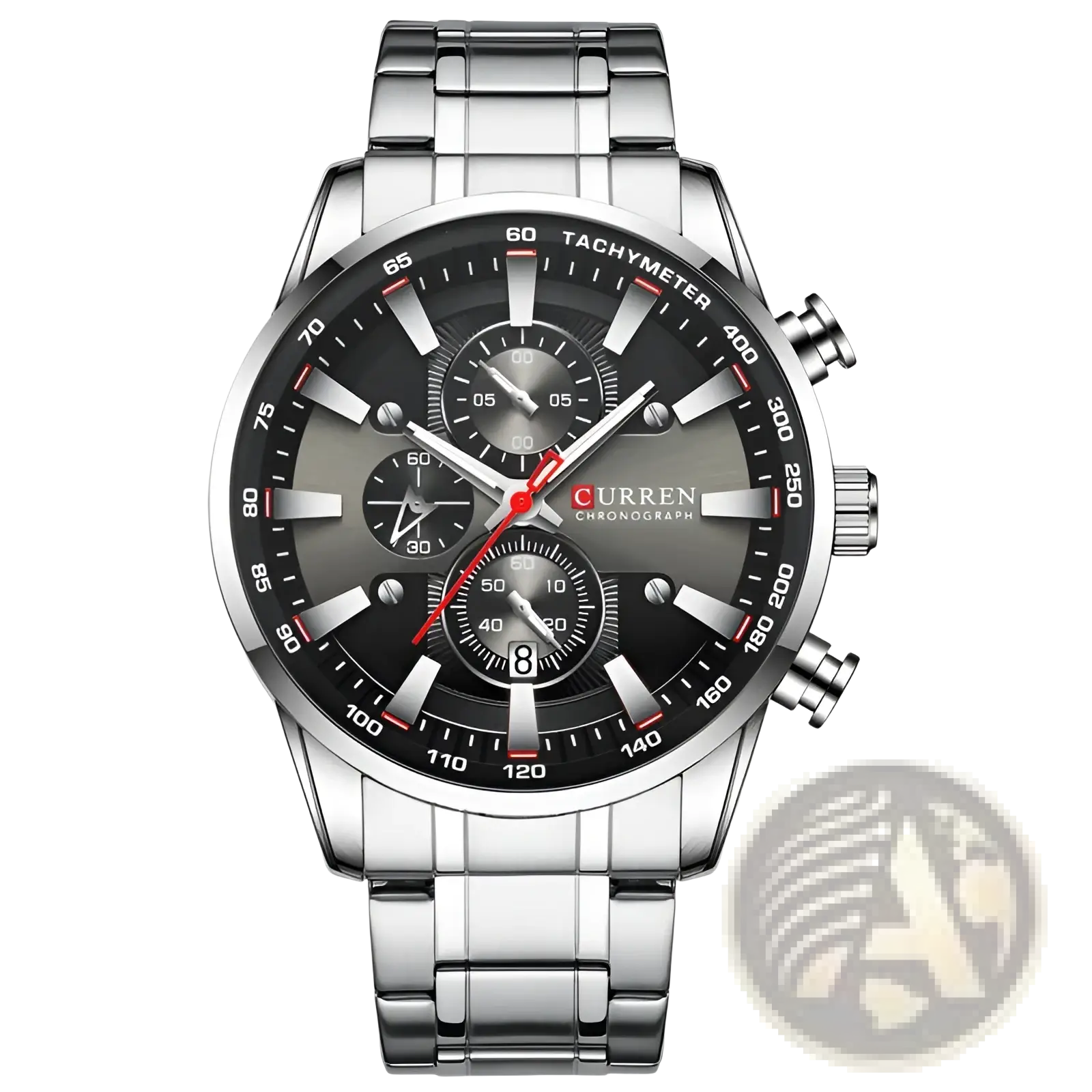 Curren mens chronograph stainless steel watch with silver-tone case, black dial, red accents, and three subdials