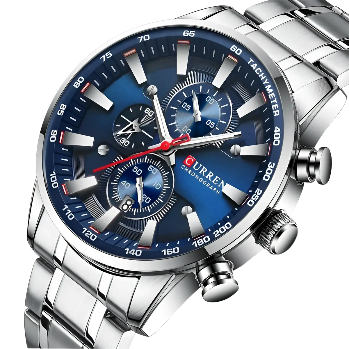 Silver-toned curren mens chronograph stainless steel watch with deep blue dial three sub-dials and link bracelet