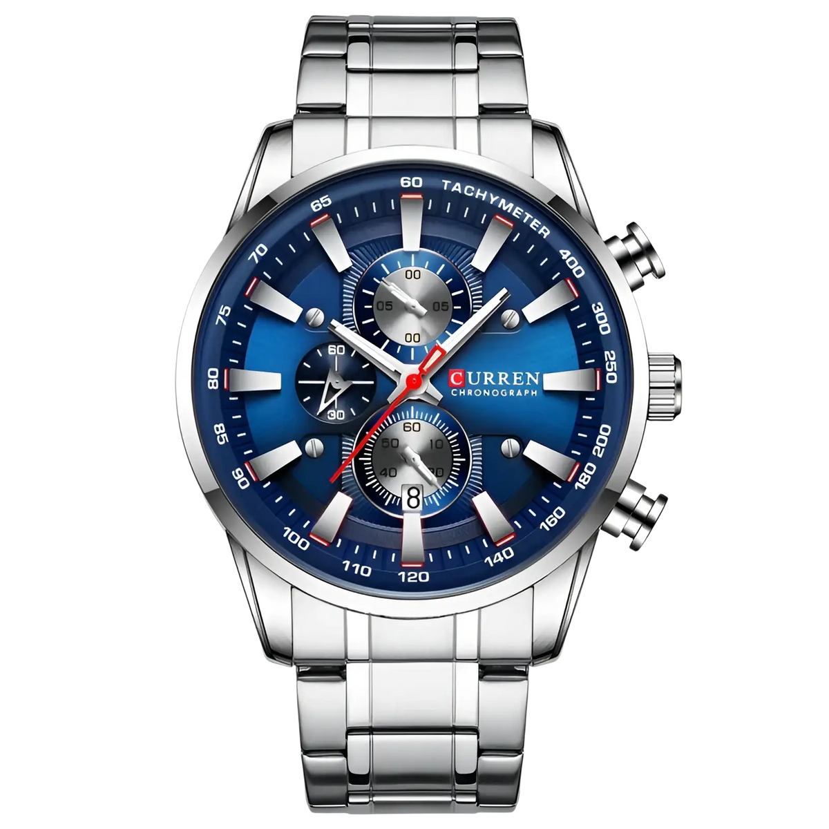 Silver-toned stainless steel Curren mens chronograph watch with vibrant blue dial three sub-dials and red-accented hands