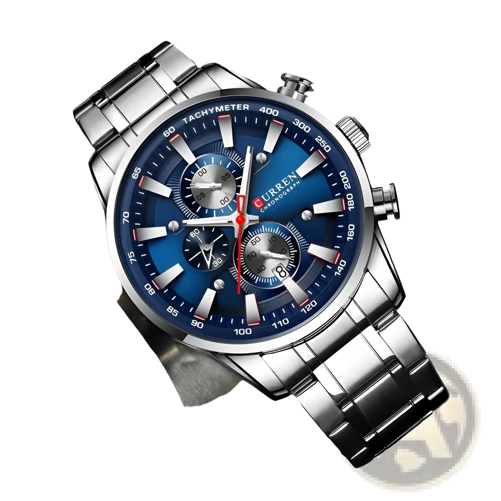 Silver-toned stainless steel Curren mens chronograph watch with vibrant blue dial three sub-dials and red-tipped hands
