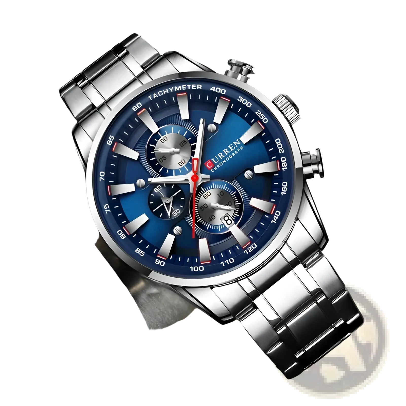 Silver-toned stainless steel Curren mens chronograph watch with vibrant blue dial three sub-dials and red-tipped hands