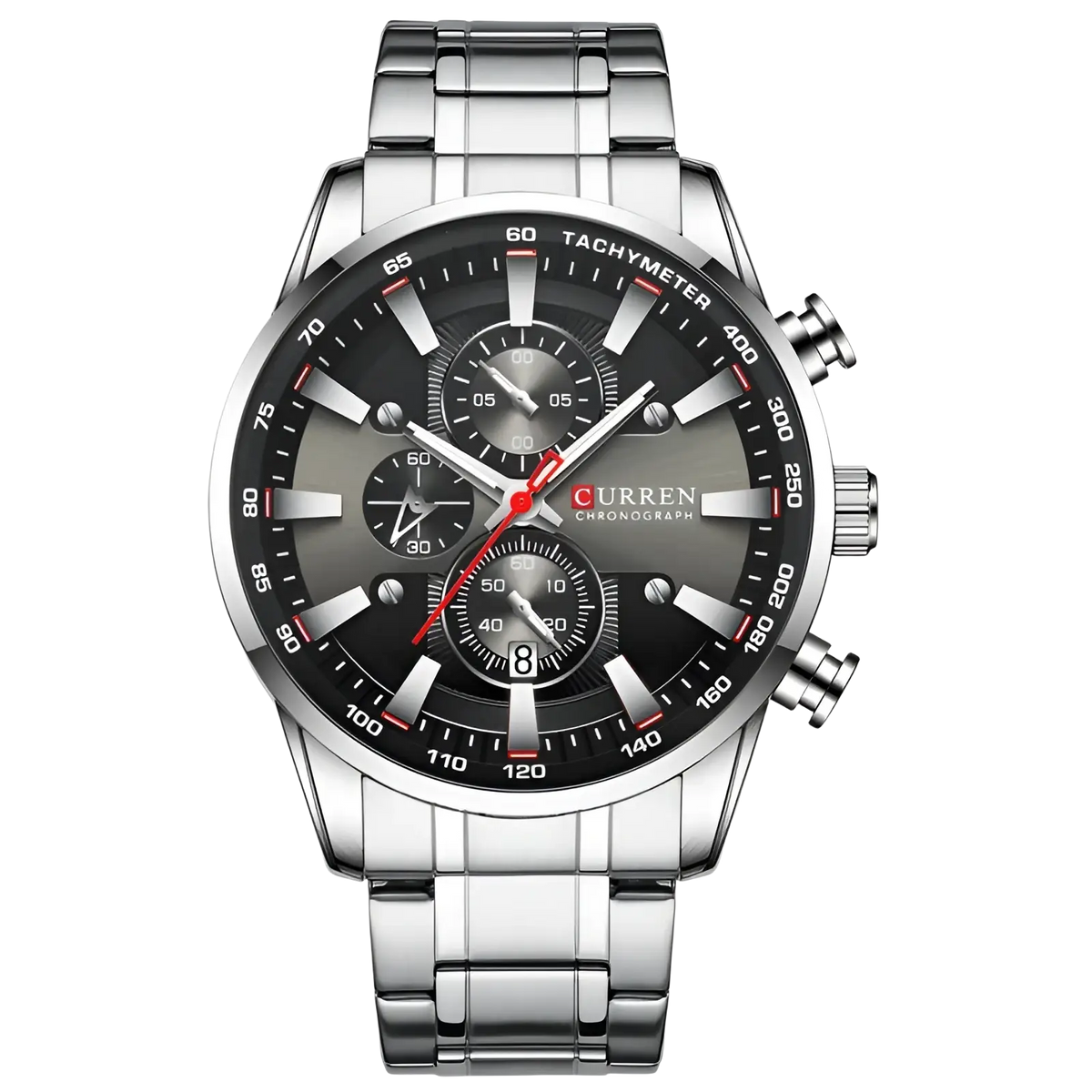 Curren mens chronograph stainless steel watch with silver-tone case, black dial, red accents, and three subdials