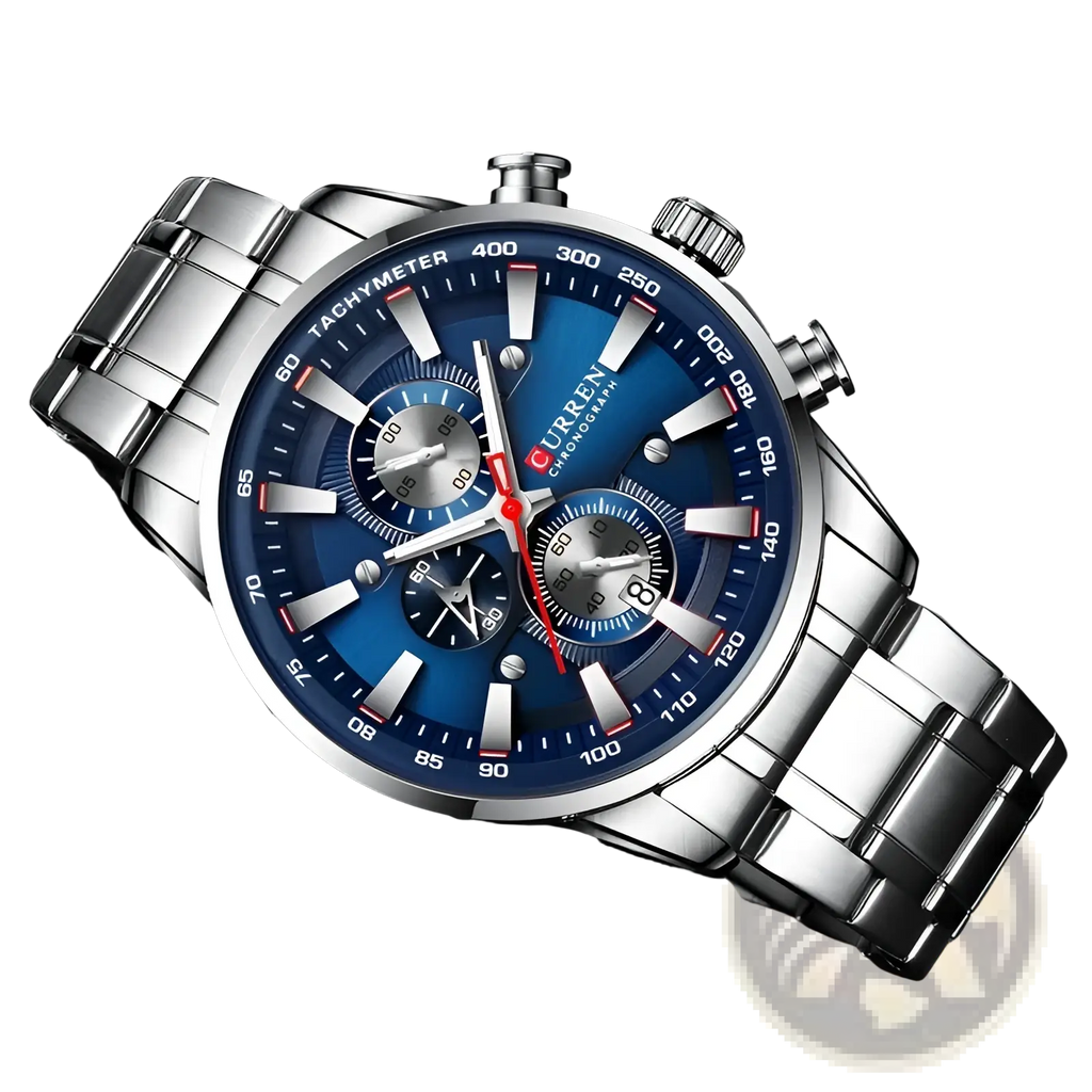 Curren mens chronograph stainless steel watch with silver tone case, blue dial, red second hand, and three sub dials
