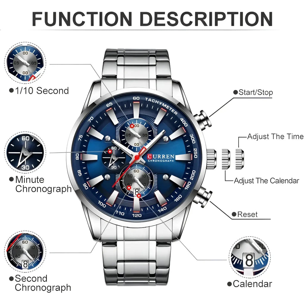 Silver-toned Curren mens chronograph stainless steel watch with blue dial and three stopwatch subdials on link bracelet