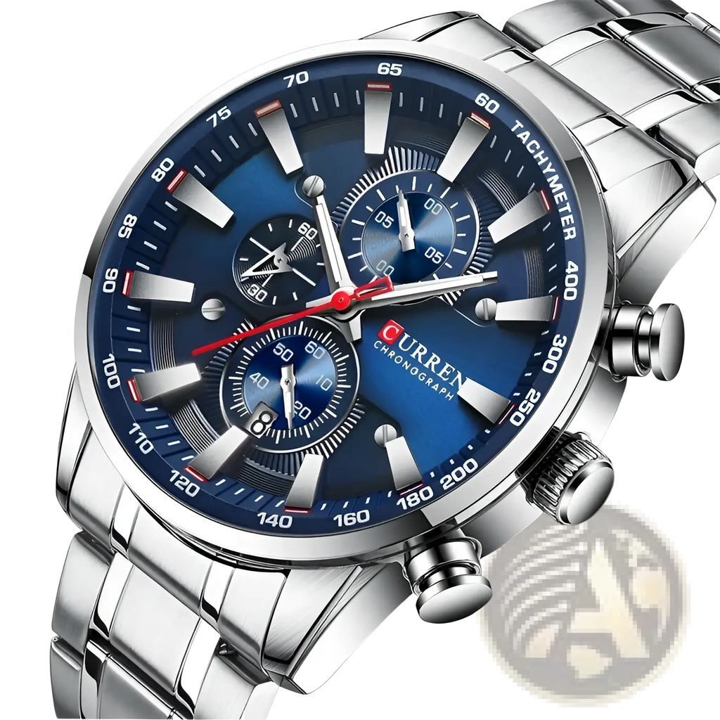 Silver-toned curren mens chronograph stainless steel watch with deep blue dial three sub-dials and link bracelet