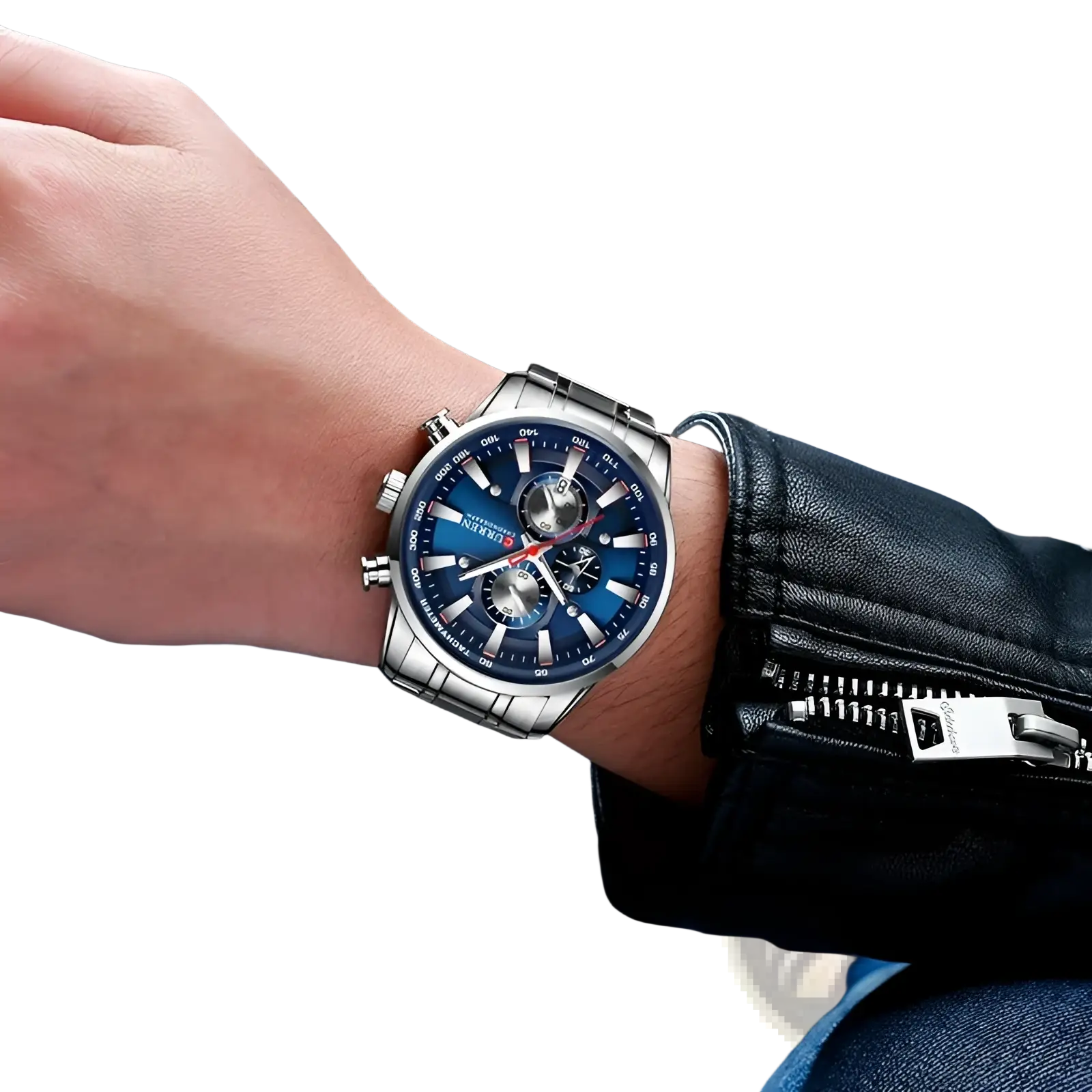 Silver-toned Curren mens chronograph stainless steel watch with vibrant blue dial and three sub-dials with red accents