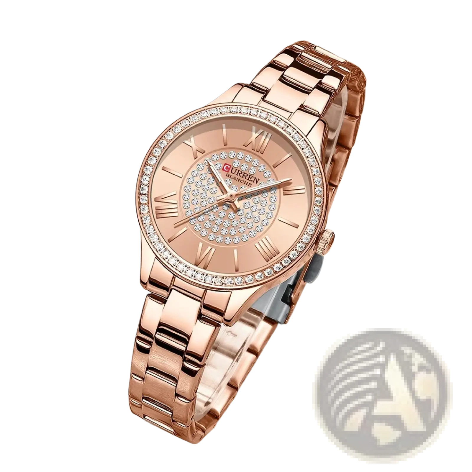 Rose gold Curren women quartz watch with diamond-studded bezel and roman numeral dial elegant design
