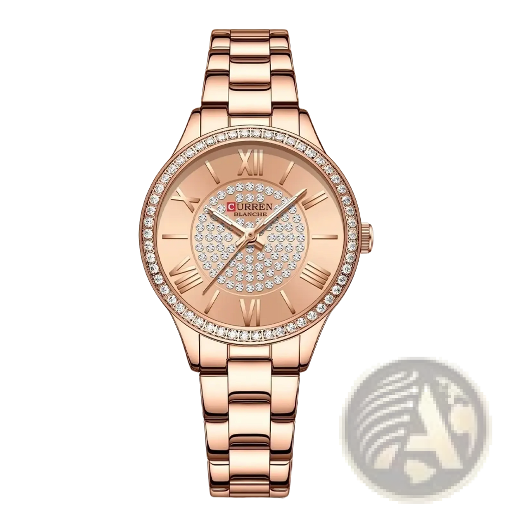 Curren rose gold women quartz watch with diamond-encrusted bezel and roman numerals on polished metal band