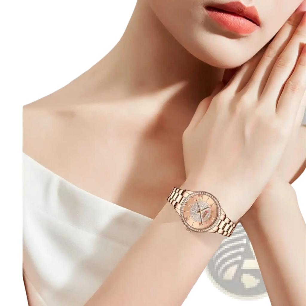 Curren rose gold women quartz watch featuring a diamond-encrusted face and a sleek metal bracelet