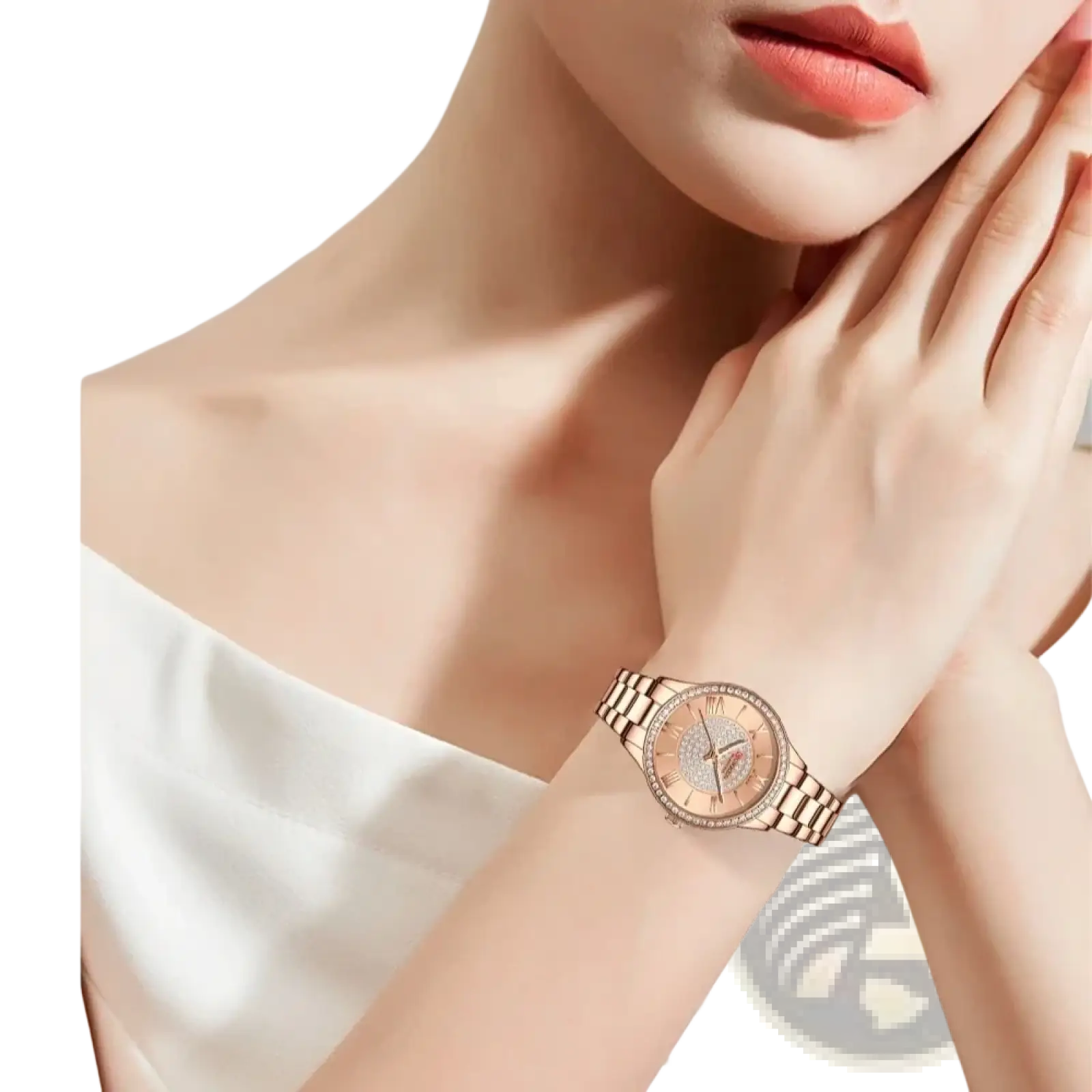 Curren rose gold women quartz watch featuring a diamond-encrusted face and a sleek metal bracelet