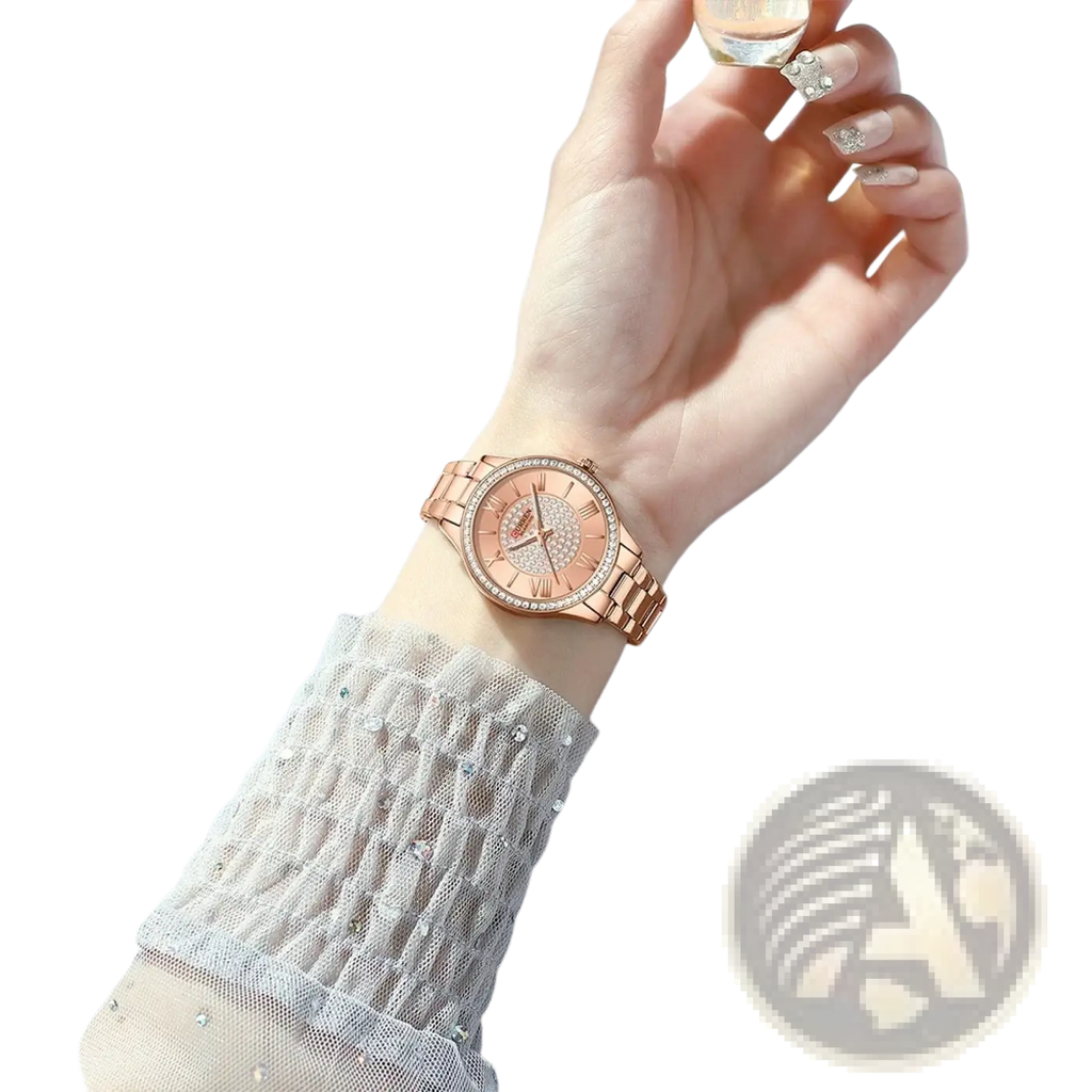 Curren rose gold women quartz watch with diamond-encrusted bezel, roman numeral dial, and elegant mesh bracelet