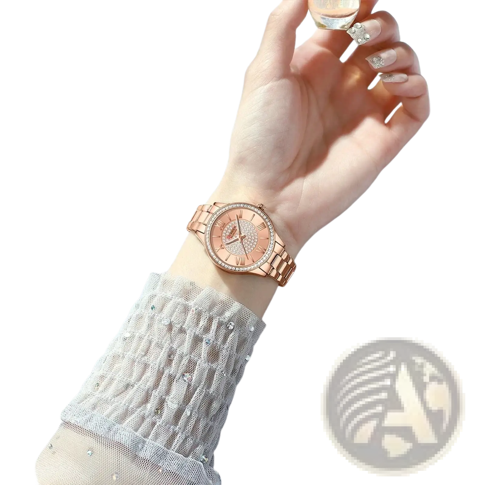 Curren rose gold women quartz watch with diamond-encrusted bezel, roman numeral dial, and elegant mesh bracelet
