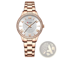 Curren rose gold women quartz watch with diamond-studded bezel and roman numeral dial in rose gold tone