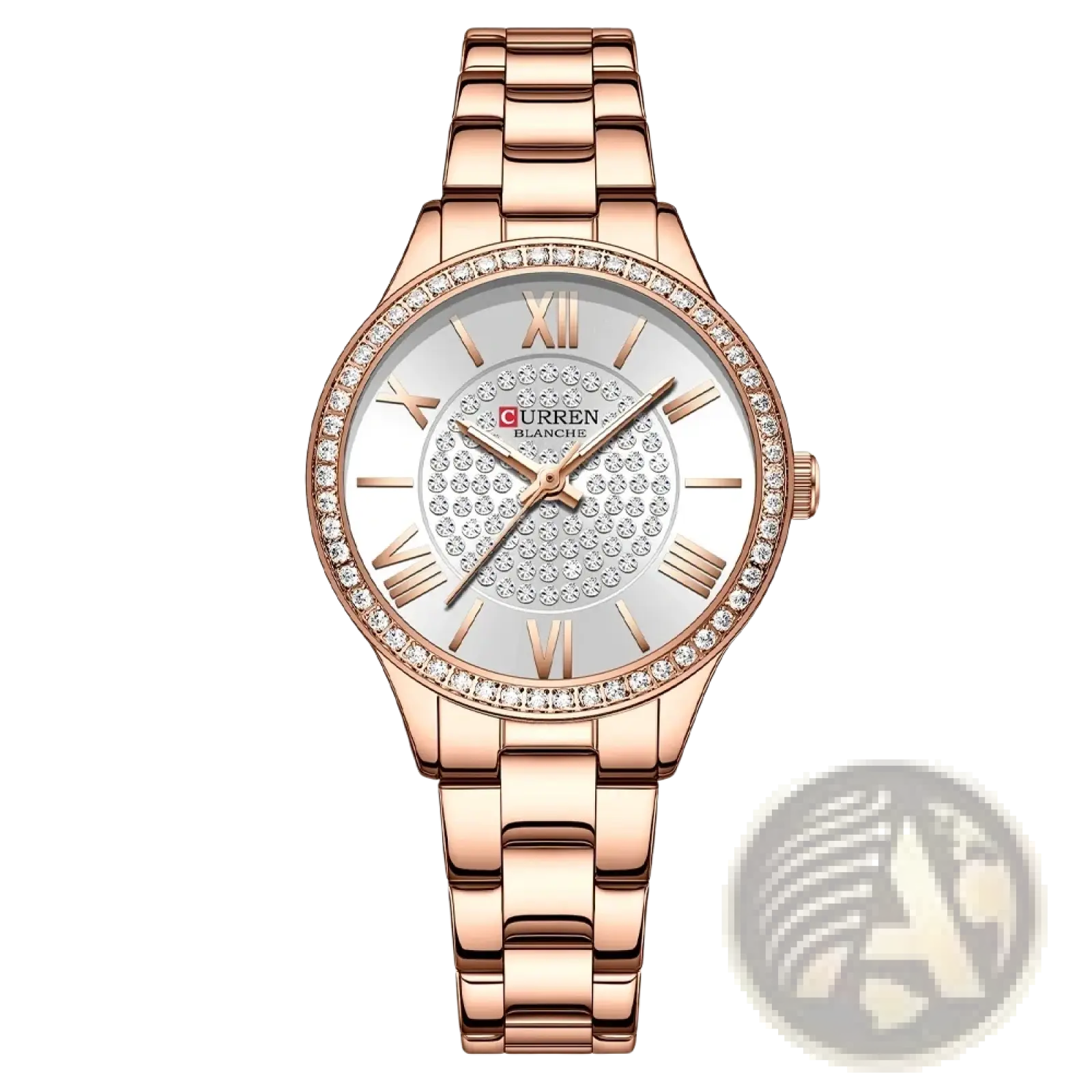 Curren rose gold women quartz watch with diamond-studded bezel and roman numeral dial in rose gold tone