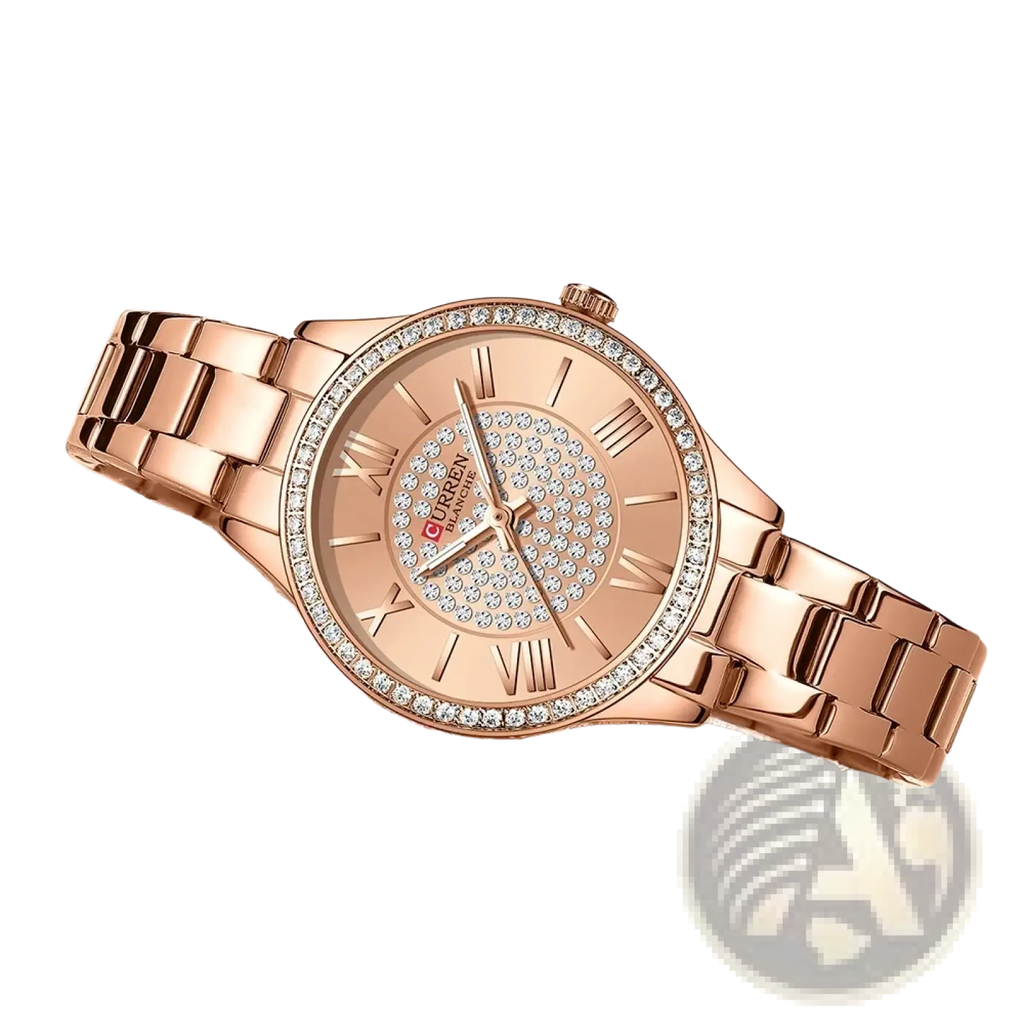 Rose gold Curren women quartz watch with diamond-studded bezel and roman numeral dial for elegant wear