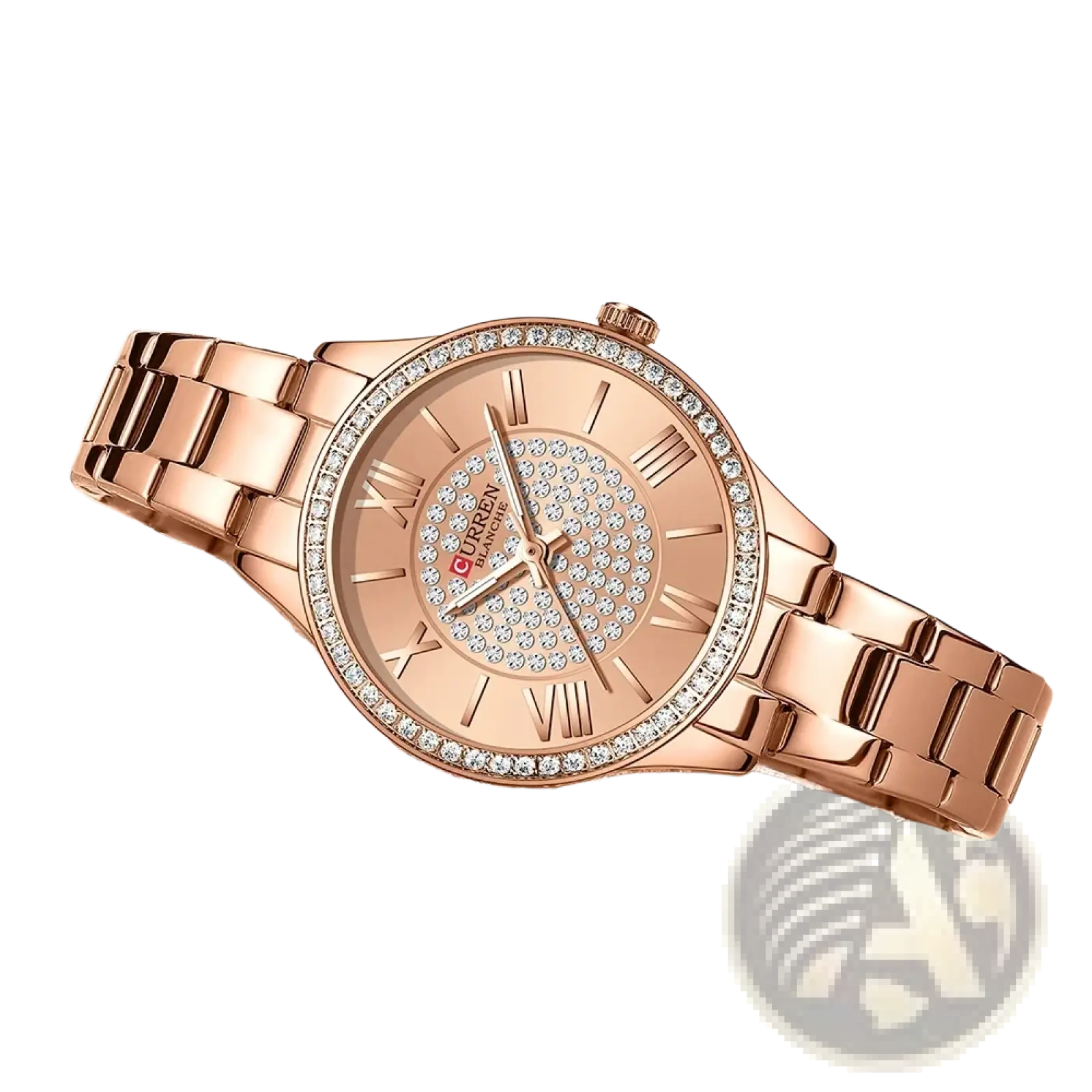 Rose gold Curren women quartz watch with diamond-studded bezel and roman numeral dial for elegant wear