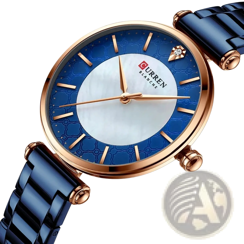 Curren women luxury thin quartz watch with blue ceramic strap rose gold-tone case and white mother-of-pearl dial