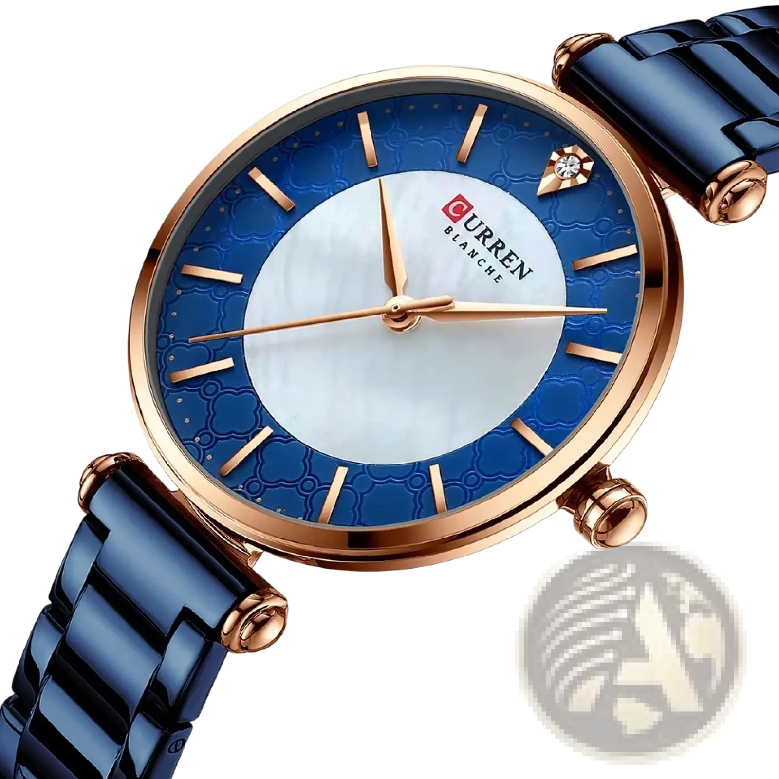 Curren women luxury thin quartz watch with blue ceramic strap rose gold-tone case and white mother-of-pearl dial