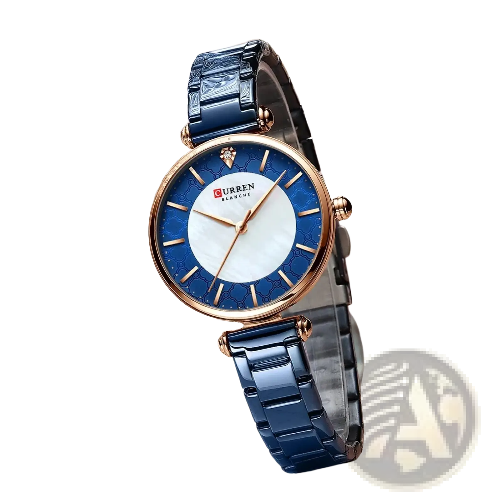 Curren women luxury thin quartz watch with navy blue ceramic strap rose gold-tone case and white mother-of-pearl dial