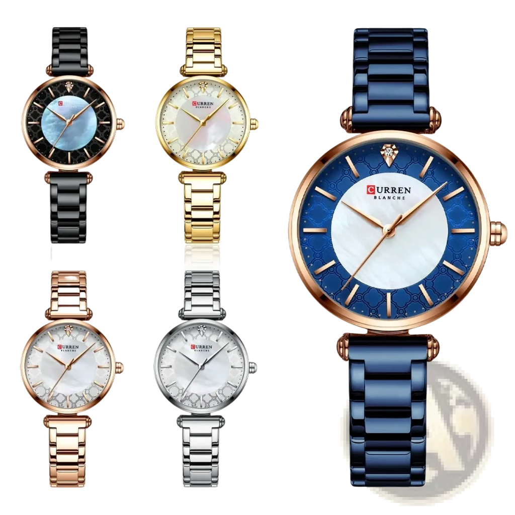 Elegant Curren women luxury thin quartz watch with blue ceramic bracelet, rose gold-tone case, and mother-of-pearl dial