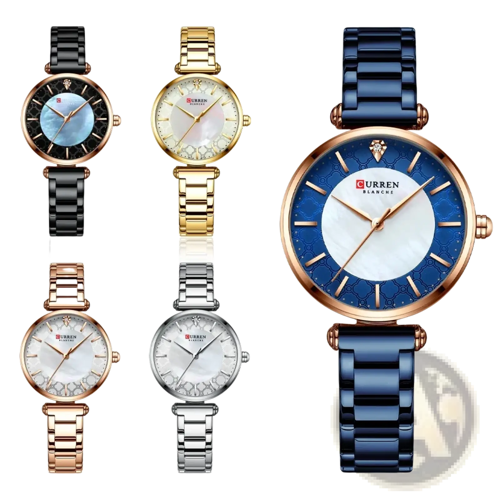 Elegant Curren women luxury thin quartz watch with blue ceramic bracelet, rose gold-tone case, and mother-of-pearl dial