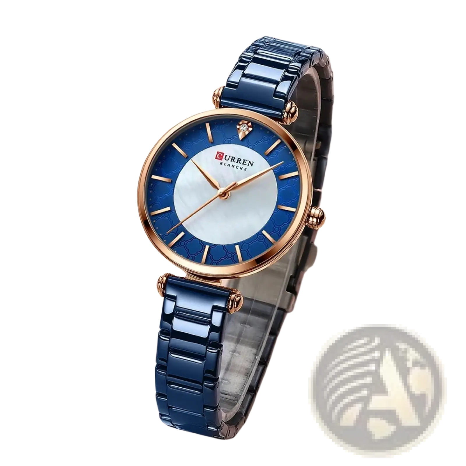Blue ceramic curren women luxury thin quartz watch with rose gold accents and white mother of pearl dial