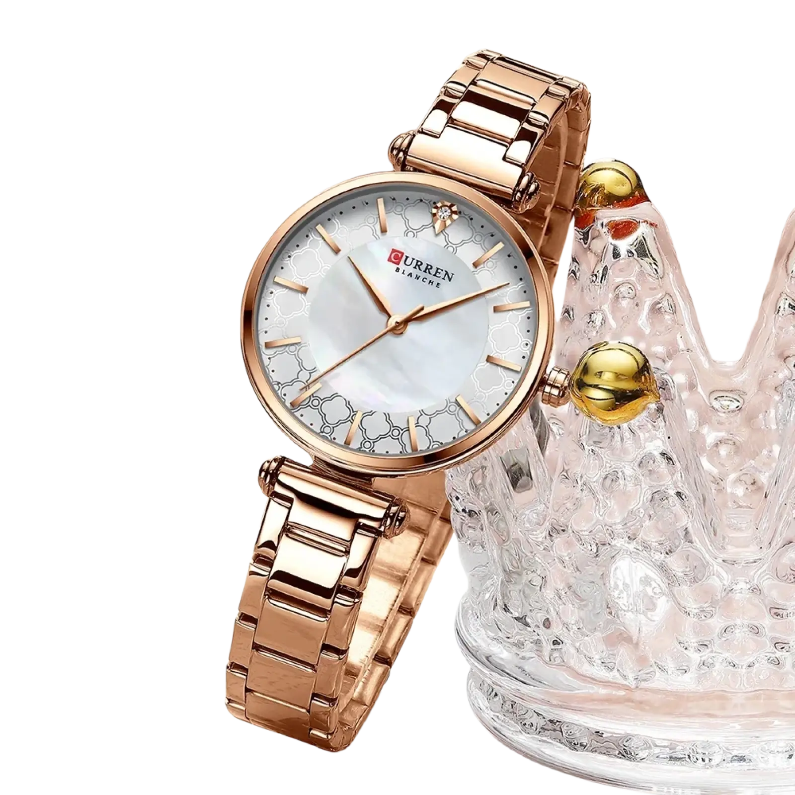 Rose gold curren women luxury thin quartz watch with mother of pearl dial and intricate patterned details