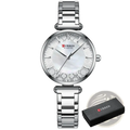 Silver-toned Curren women luxury thin quartz watch with mother-of-pearl dial and stainless steel link bracelet