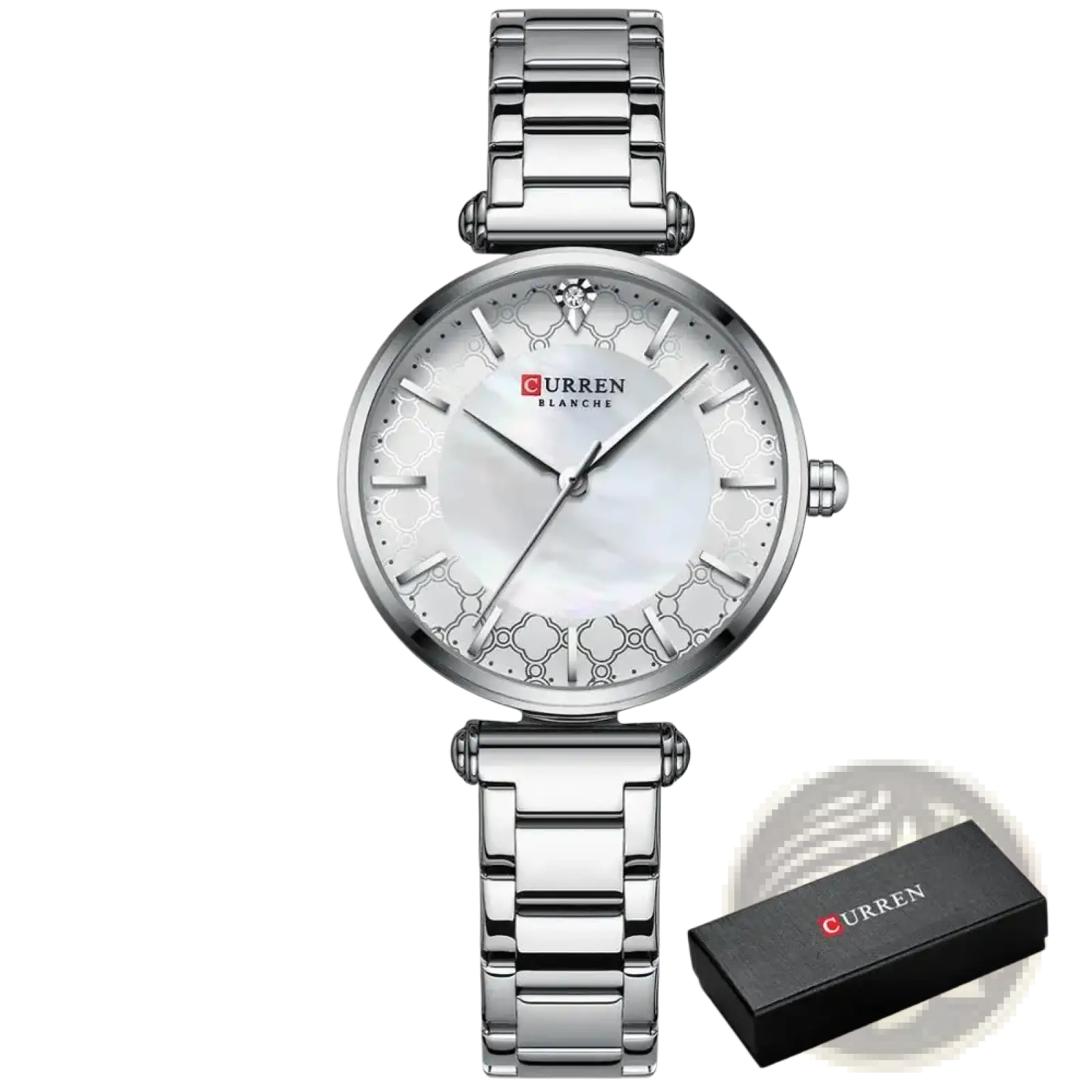 Silver-toned Curren women luxury thin quartz watch with mother-of-pearl dial and stainless steel link bracelet