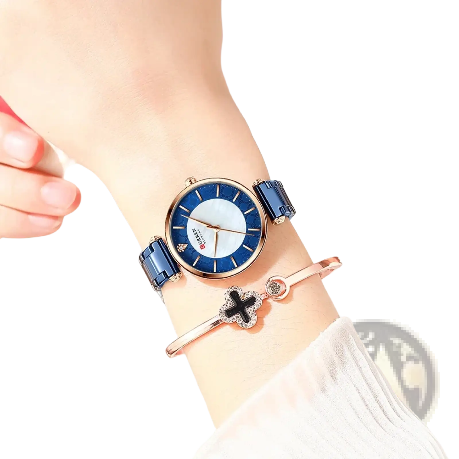 Curren women luxury thin quartz watch in blue ceramic with white dial gold-tone bezel and rectangular link bracelet