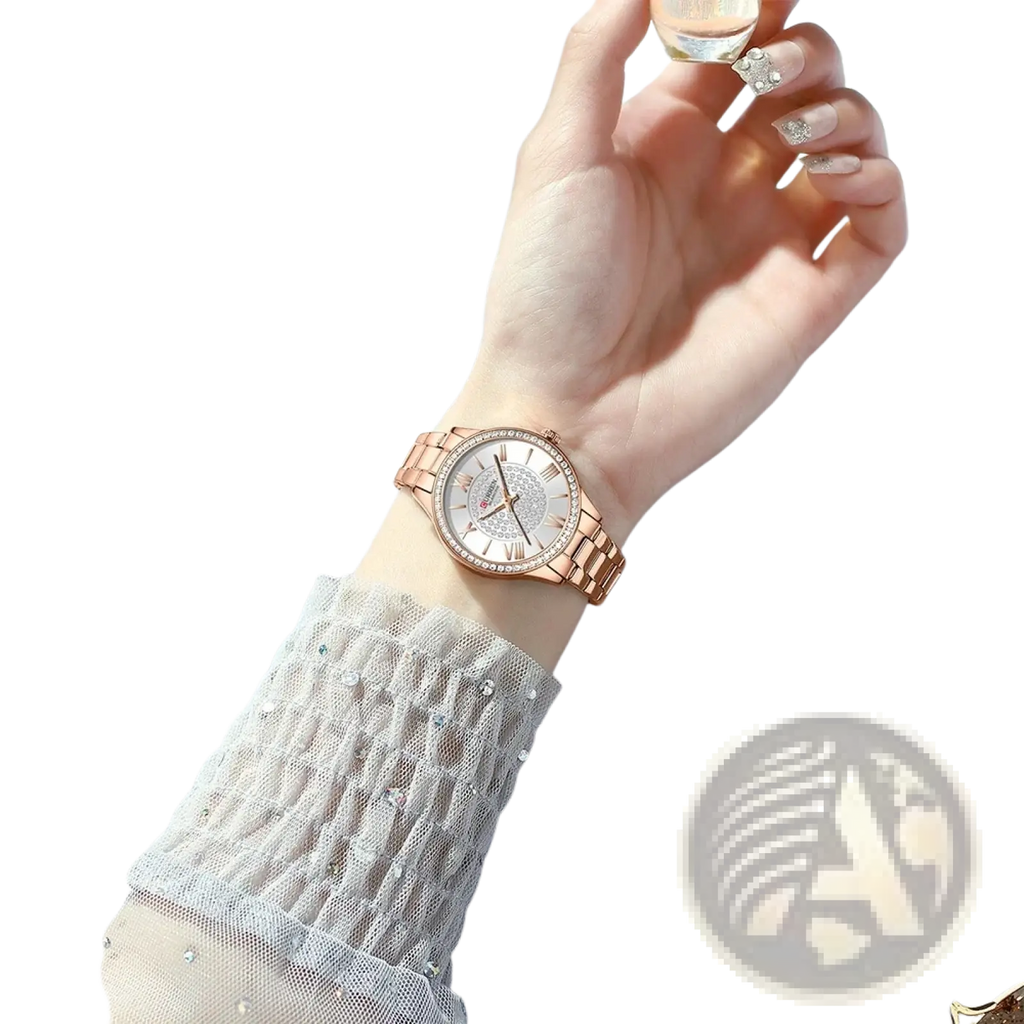Rose gold-toned Curren women stainless steel quartz watch with diamond-encrusted bezel and roman numeral dial