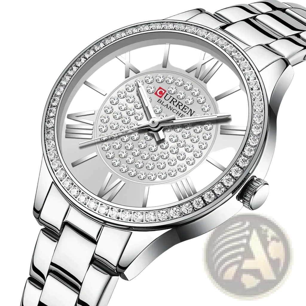 Silver Curren women stainless steel crystal quartz watch with diamond-studded bezel and roman numeral dial