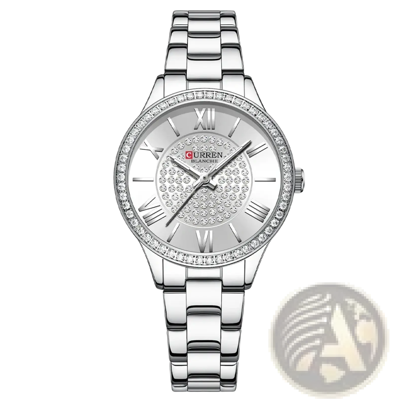 Silver-toned Curren women stainless steel crystal quartz watch with diamond-encrusted bezel and roman numeral dial