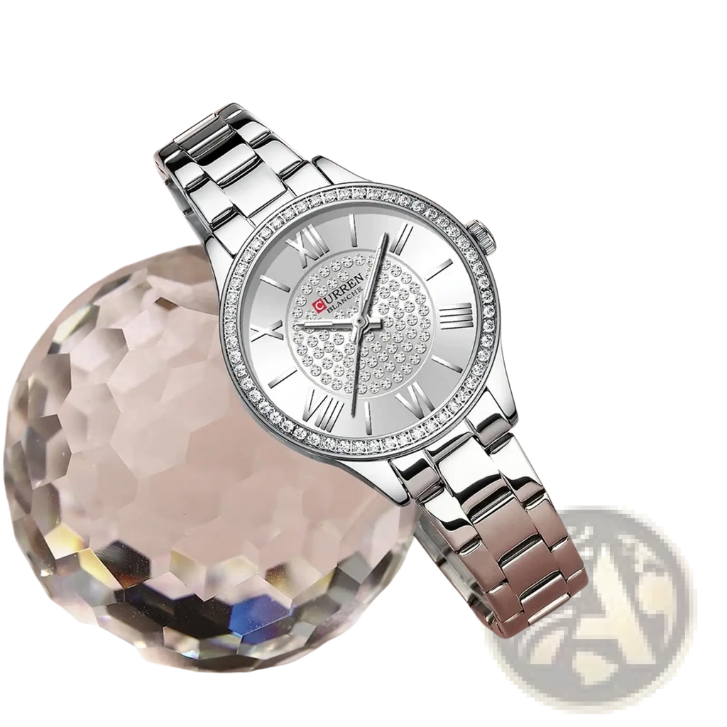 Silver Curren women stainless steel crystal quartz watch with diamond-studded bezel and roman numeral face